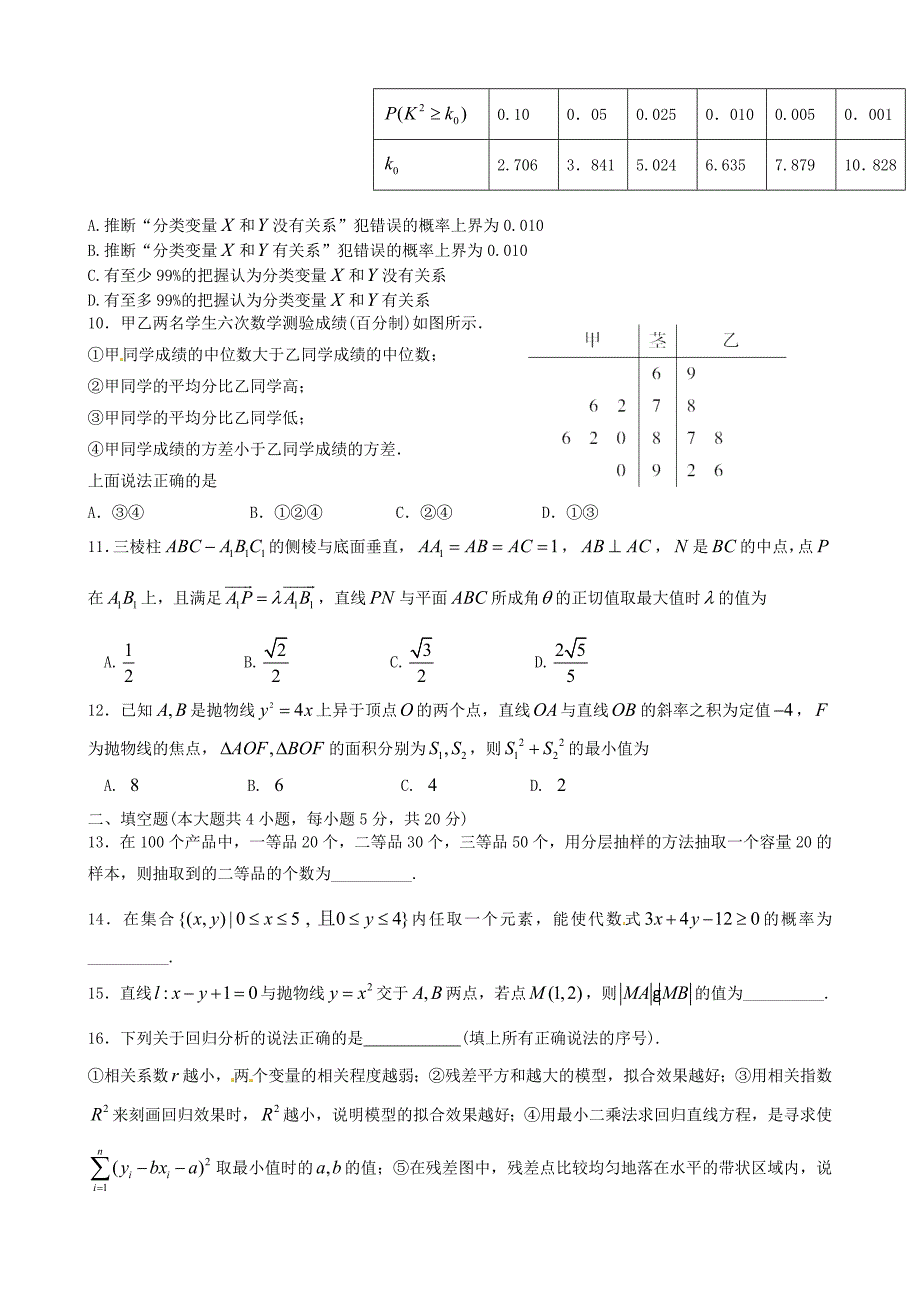 黑龙江省哈尔滨师范大学附属中学2014-2015学年高二数学上学期期末考试试题 文_第2页