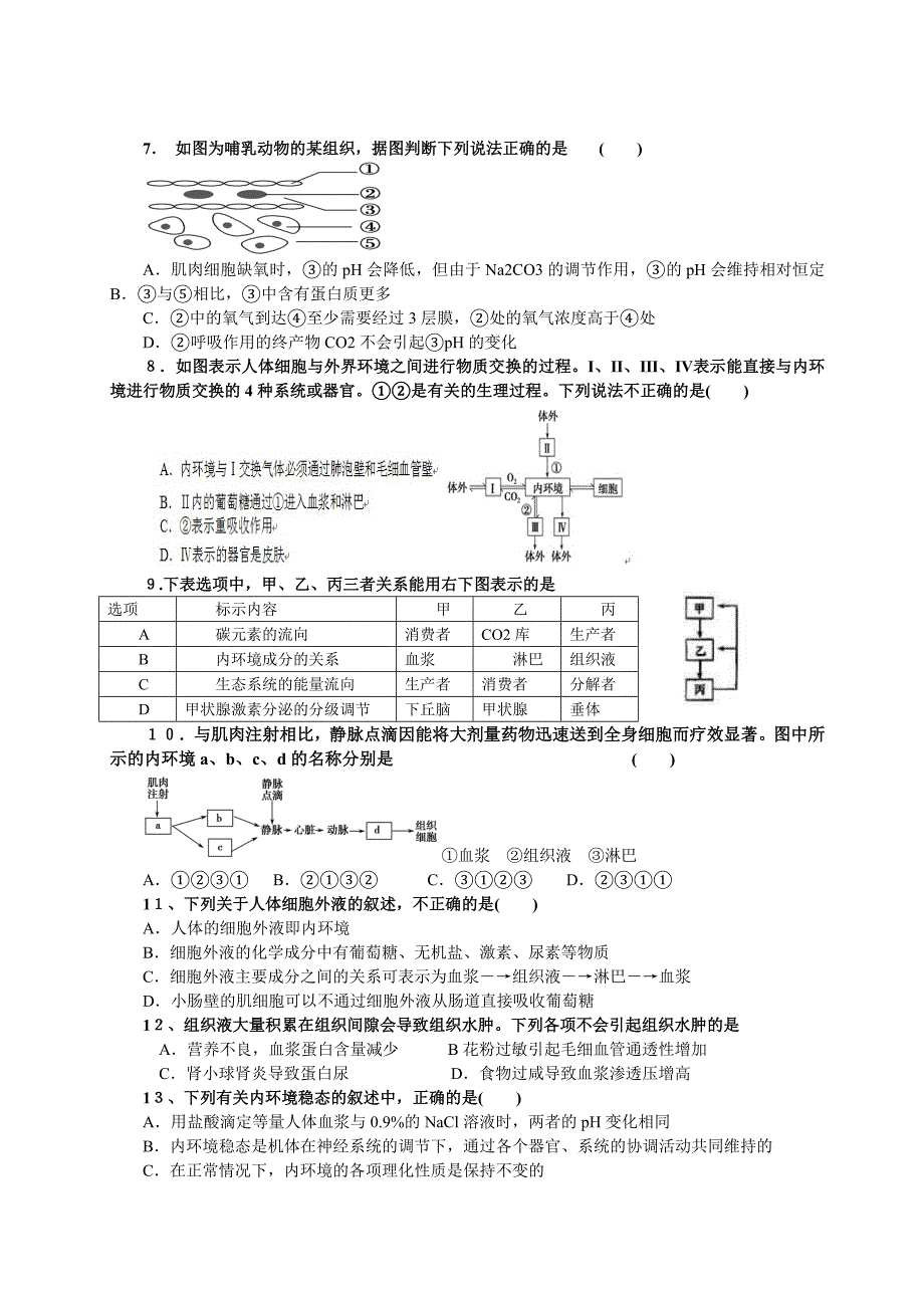 复习 人体的内环境与稳态测试题_第2页