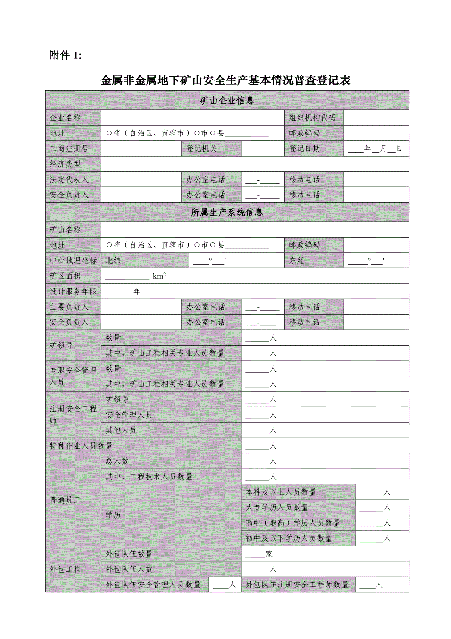 金属非金属地下矿山安全生产基本情况普查登记表_第1页