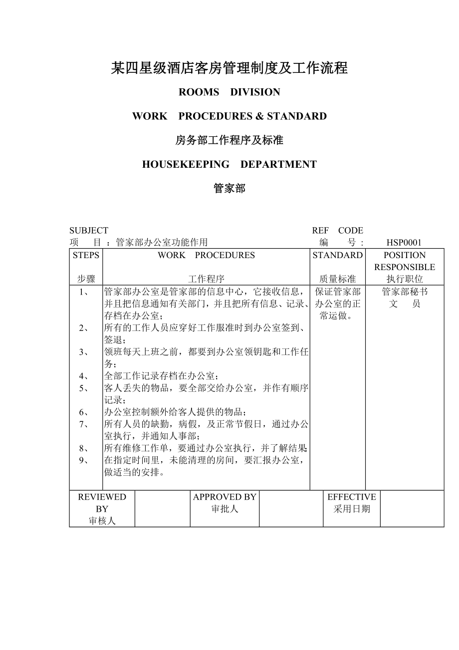 制度汇编-某四星级酒店客房管理制度-大全及工作流程.doc_第1页