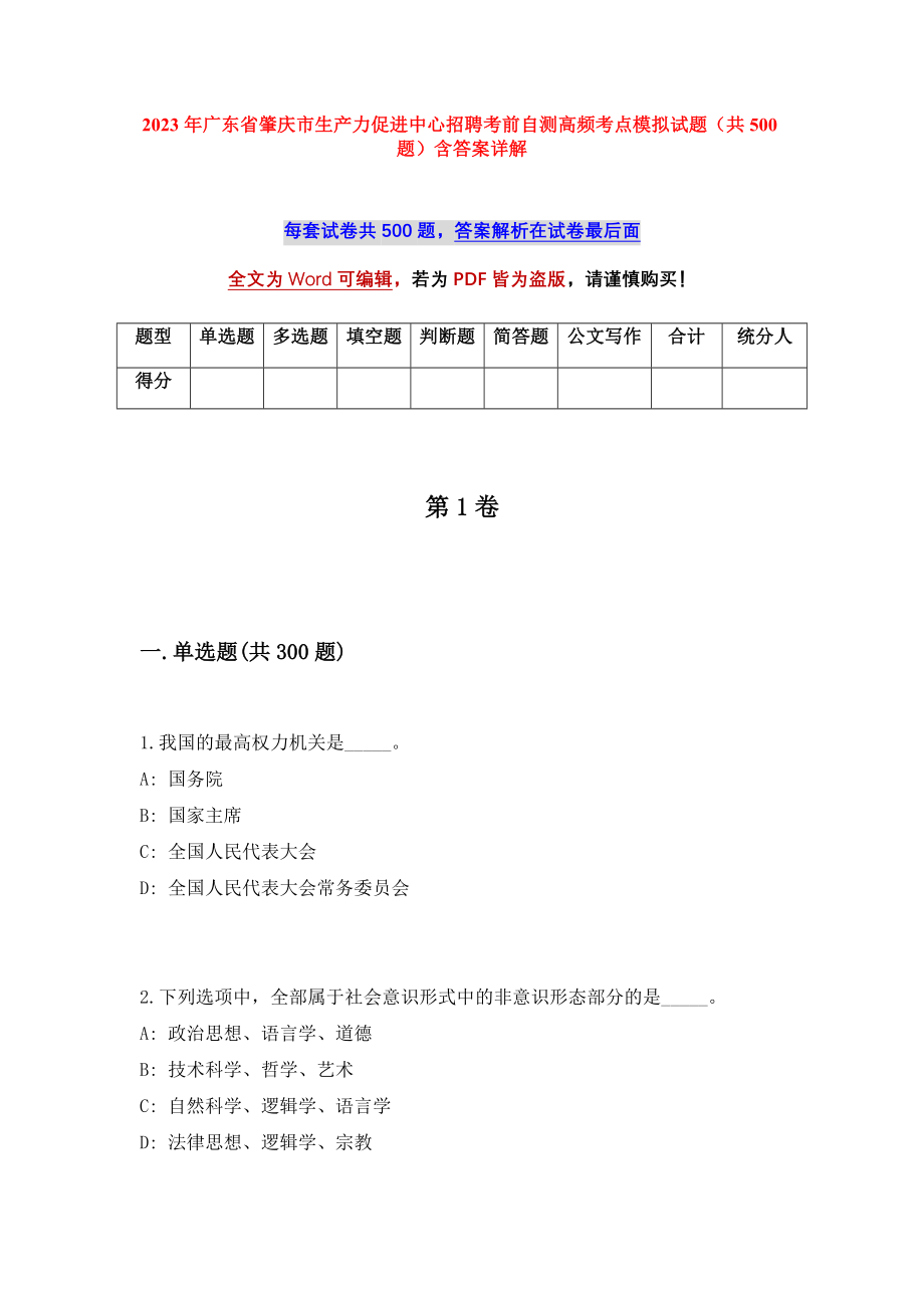 2023年广东省肇庆市生产力促进中心招聘考前自测高频考点模拟试题（共500题）含答案详解_第1页