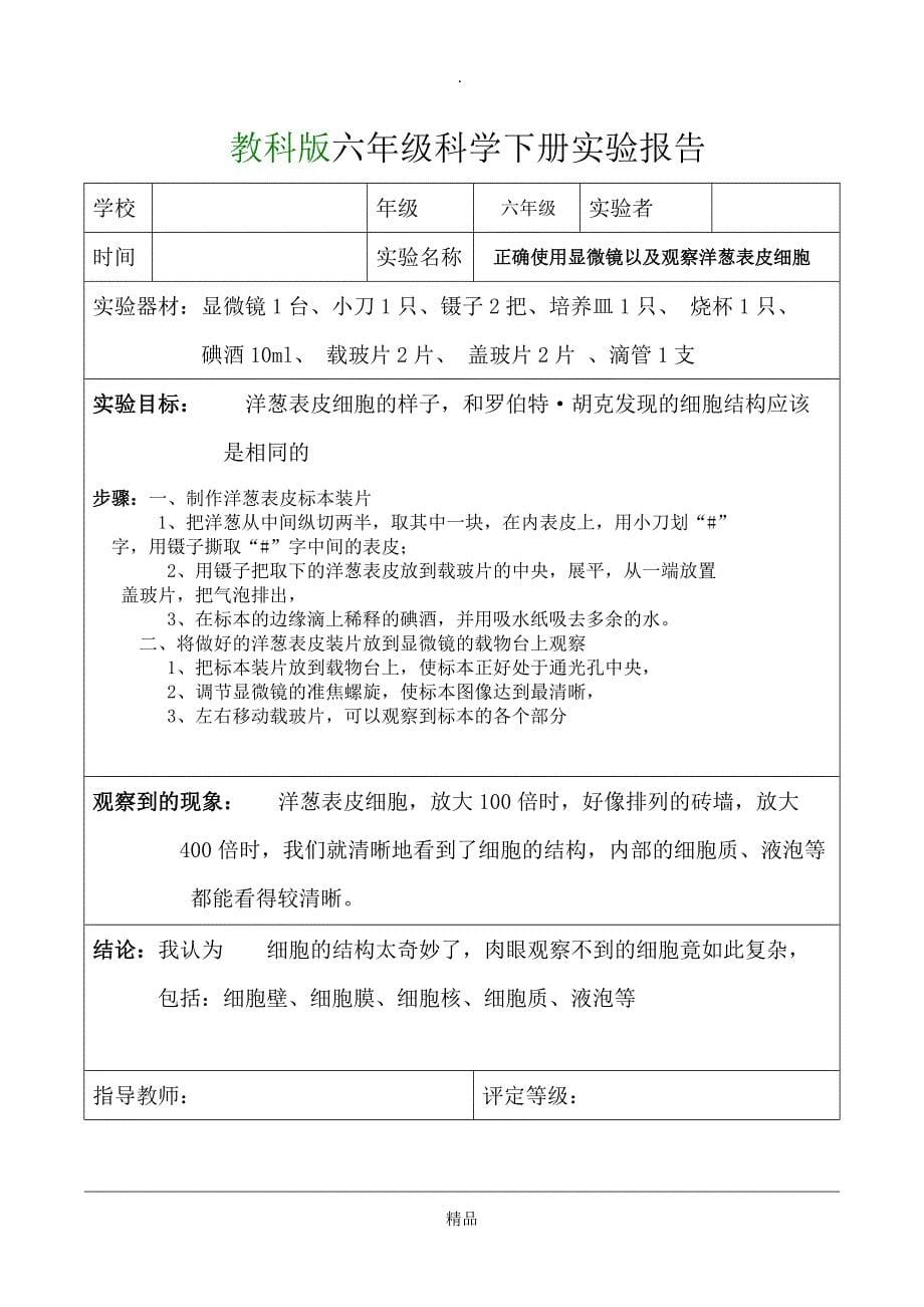 教科版六年级科学下册实验报告单(全)_第5页