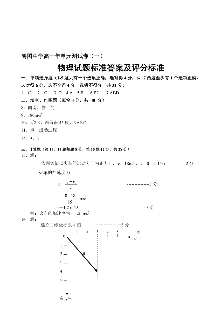 最新高一年物理单元测试卷一答案及评分标准名师精心制作教学资料_第1页