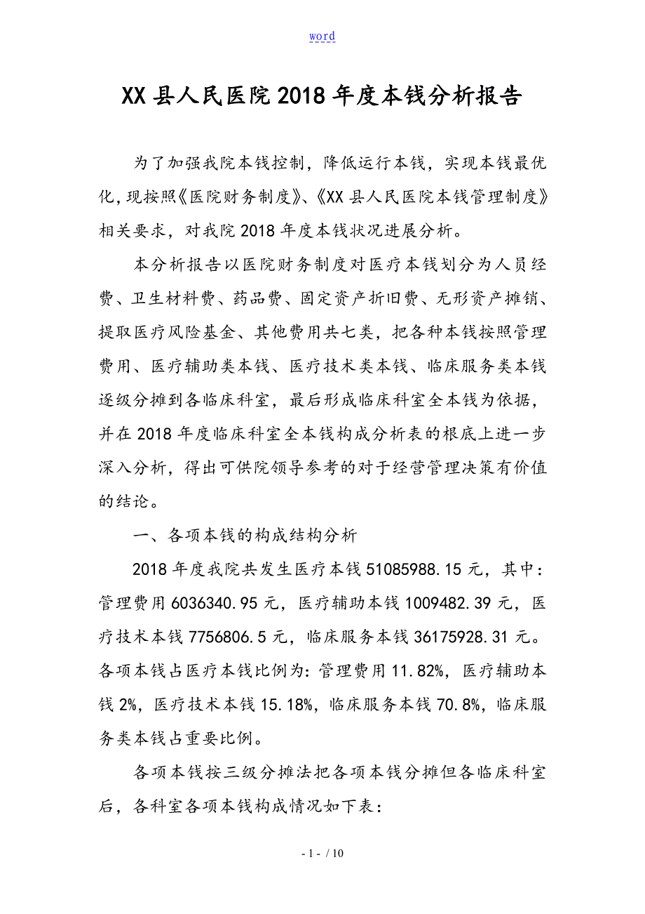 某某医院2018年度成本分析资料报告资料报告材料_第1页