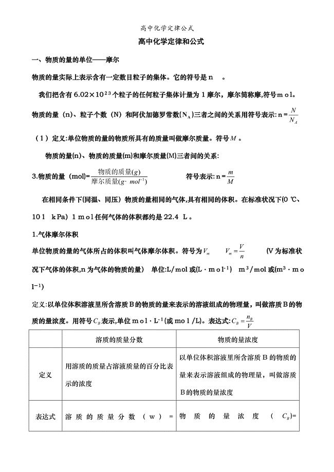 高中化学定律公式