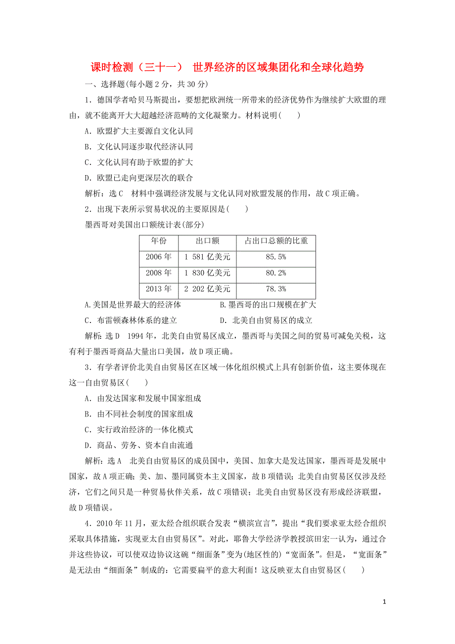 （新课改省份专用）2020版高考历史一轮复习 课时检测（三十一）世界经济的区域集团化和全球化趋势（含解析）_第1页