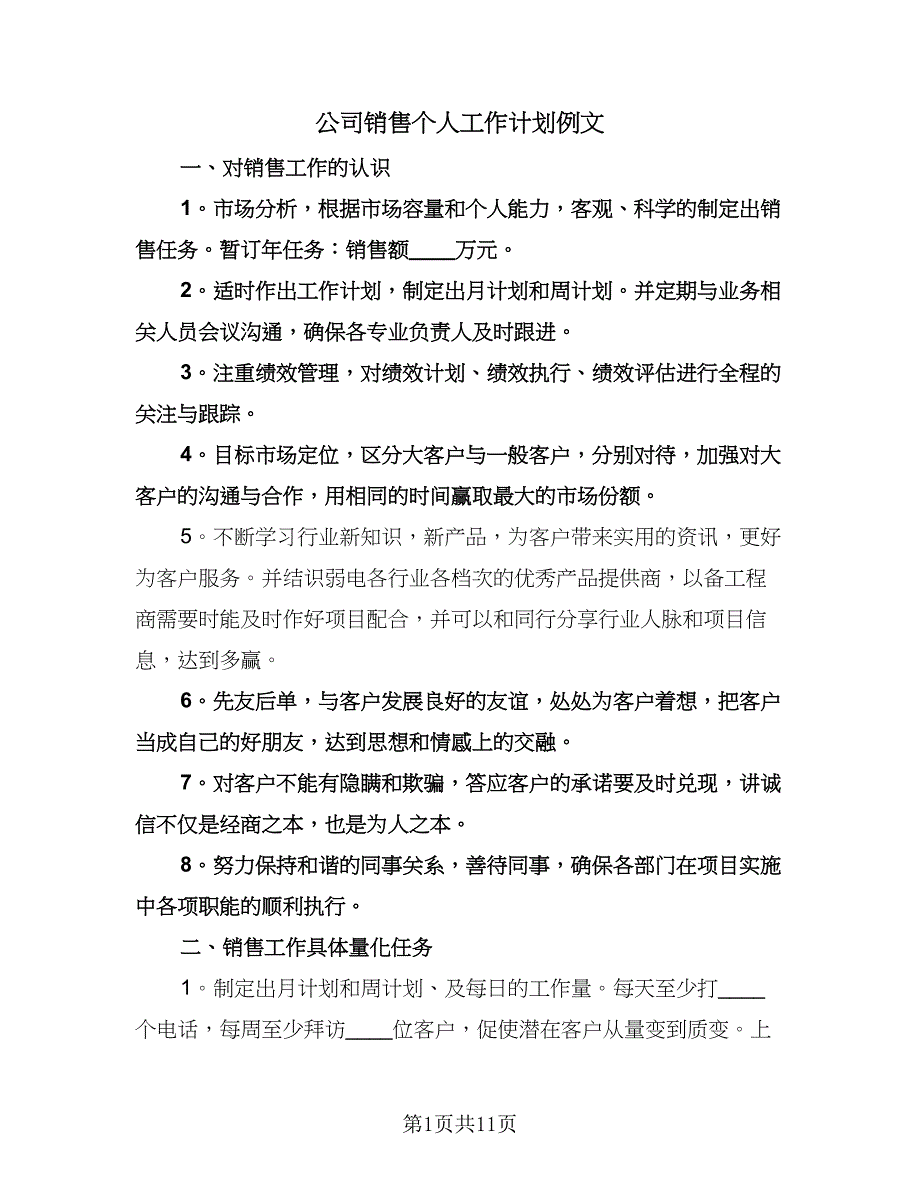 公司销售个人工作计划例文（五篇）.doc_第1页