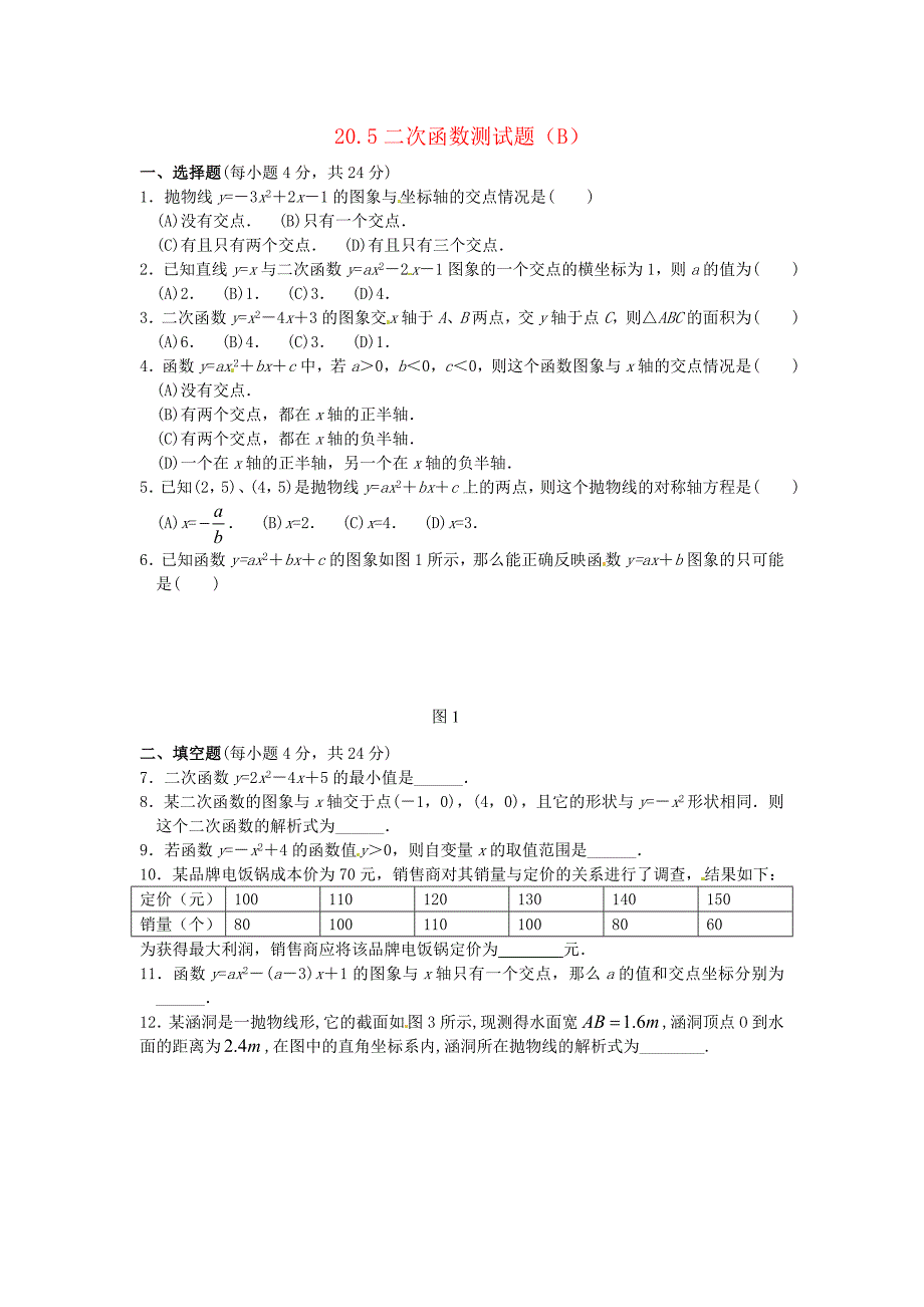 九年级数学上册20.5二次函数测试题B北京课改版_第1页