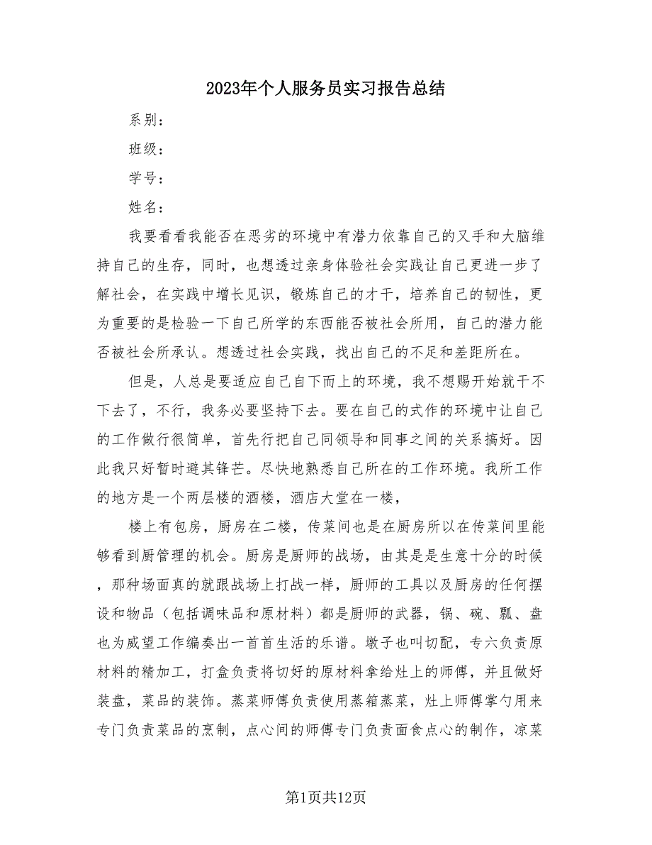 2023年个人服务员实习报告总结（4篇）.doc_第1页