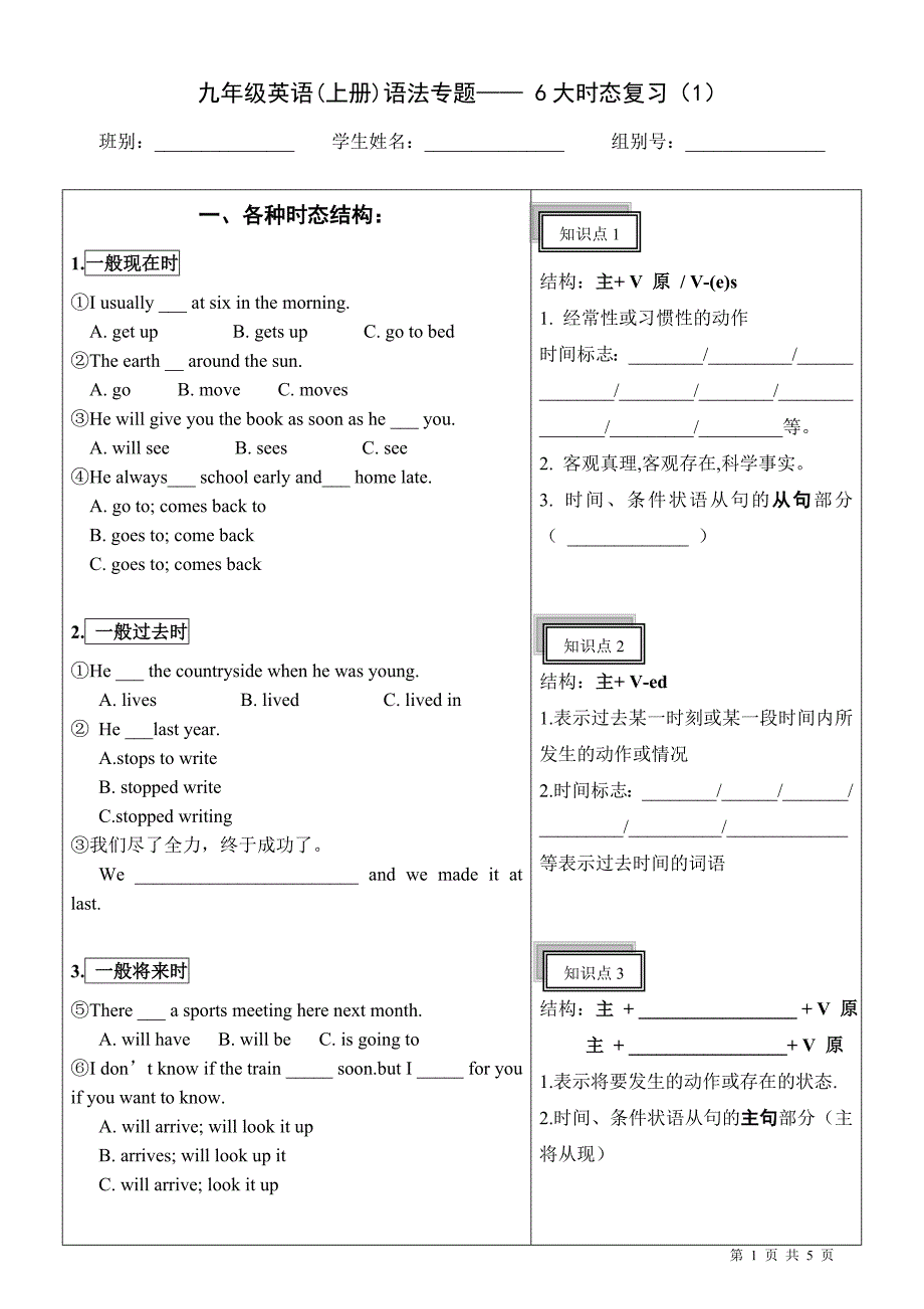 九年级英语（上册）语法专题——6大时态_第1页