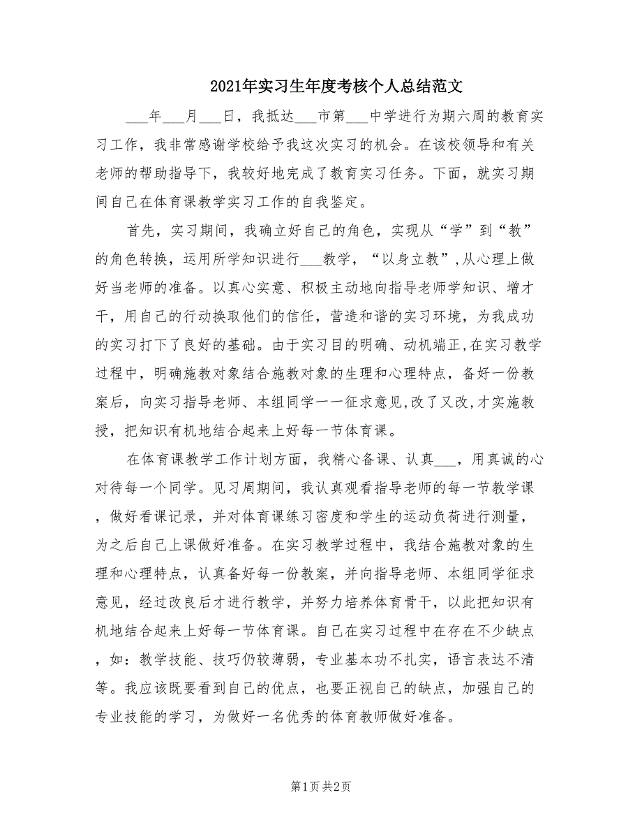 2021年实习生年度考核个人总结范文_第1页