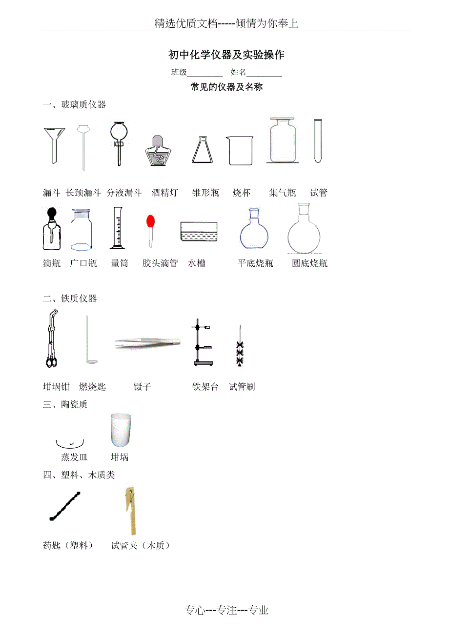 初中化学实验仪器操作及配套练习(共4页)_第1页