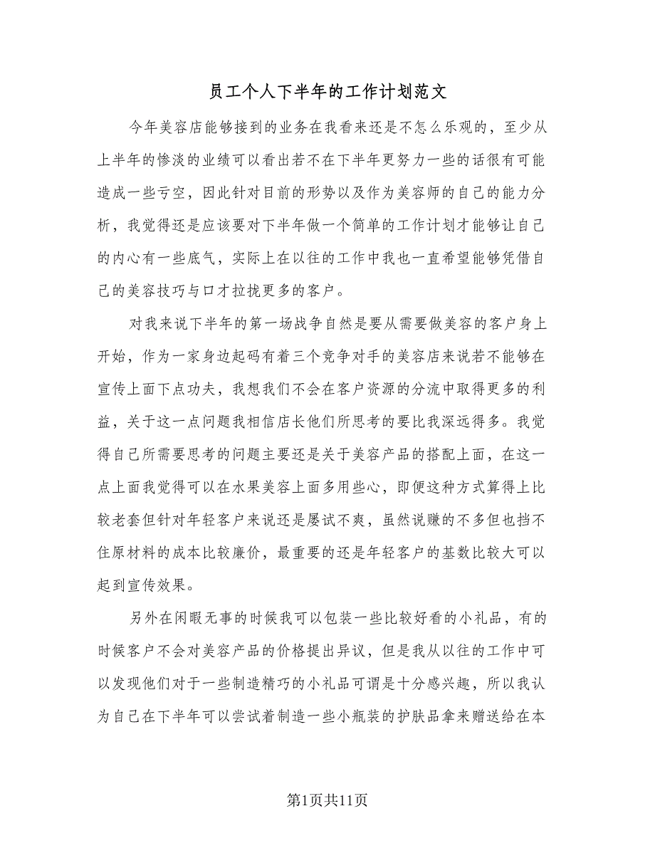 员工个人下半年的工作计划范文（7篇）_第1页