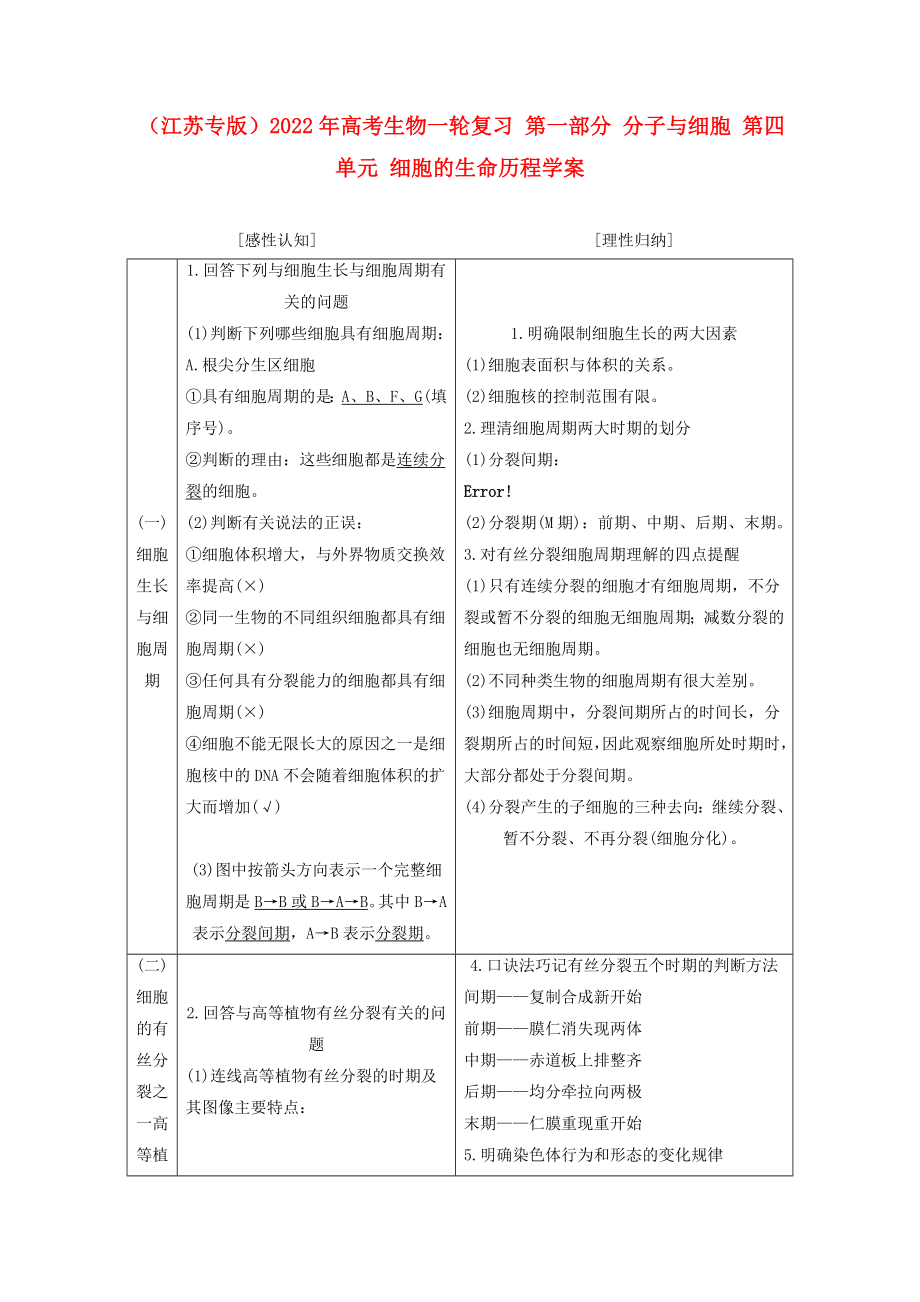 （江苏专版）2022年高考生物一轮复习 第一部分 分子与细胞 第四单元 细胞的生命历程学案_第1页