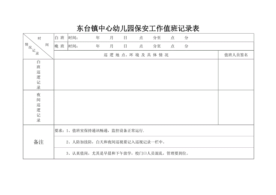 幼儿园保安工作值班记录表_第1页