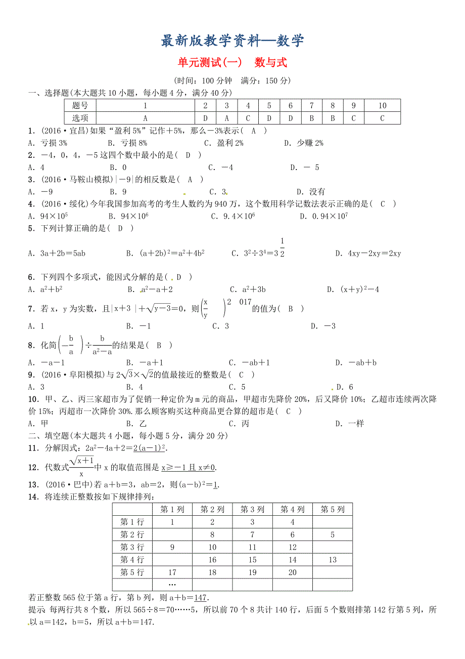 【最新版】安徽省中考数学总复习 第一轮 考点系统复习 第一单元 数与式单元测试一数与式试题_第1页
