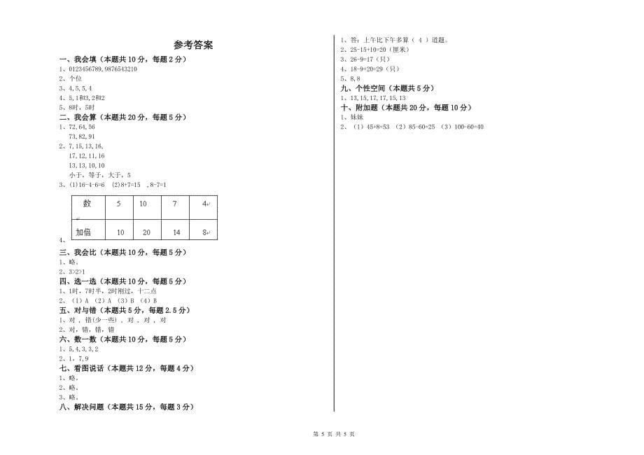 2020年实验小学一年级数学下学期期末考试试卷 江苏版（附答案）.doc_第5页