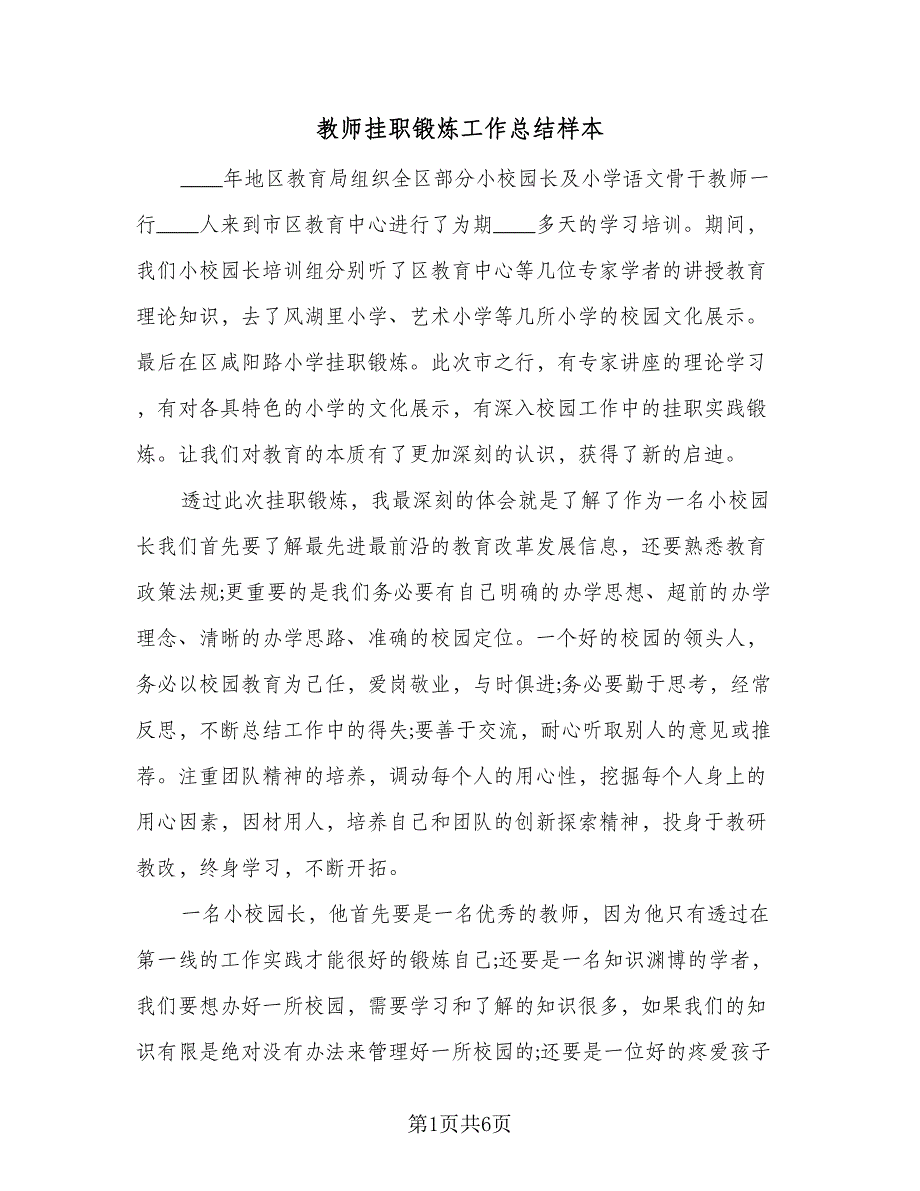 教师挂职锻炼工作总结样本（二篇）.doc_第1页