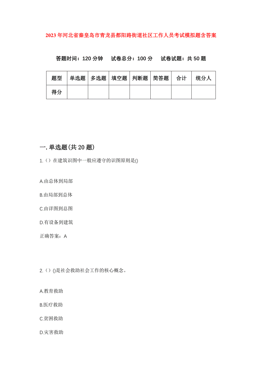 2023年河北省秦皇岛市青龙县都阳路街道社区工作人员考试模拟题含答案_第1页