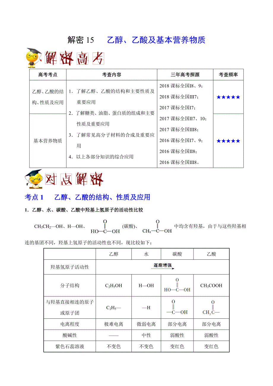 备战2019年高考化学之高频考点解密15 乙醇、乙酸及基本营养物质（解析版）_第1页