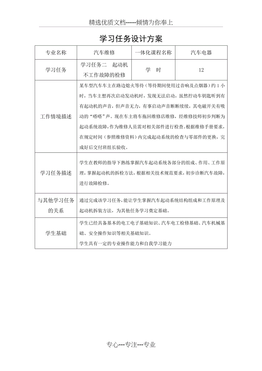 起动机不工作故障的检修-学习任务设计方案_第1页