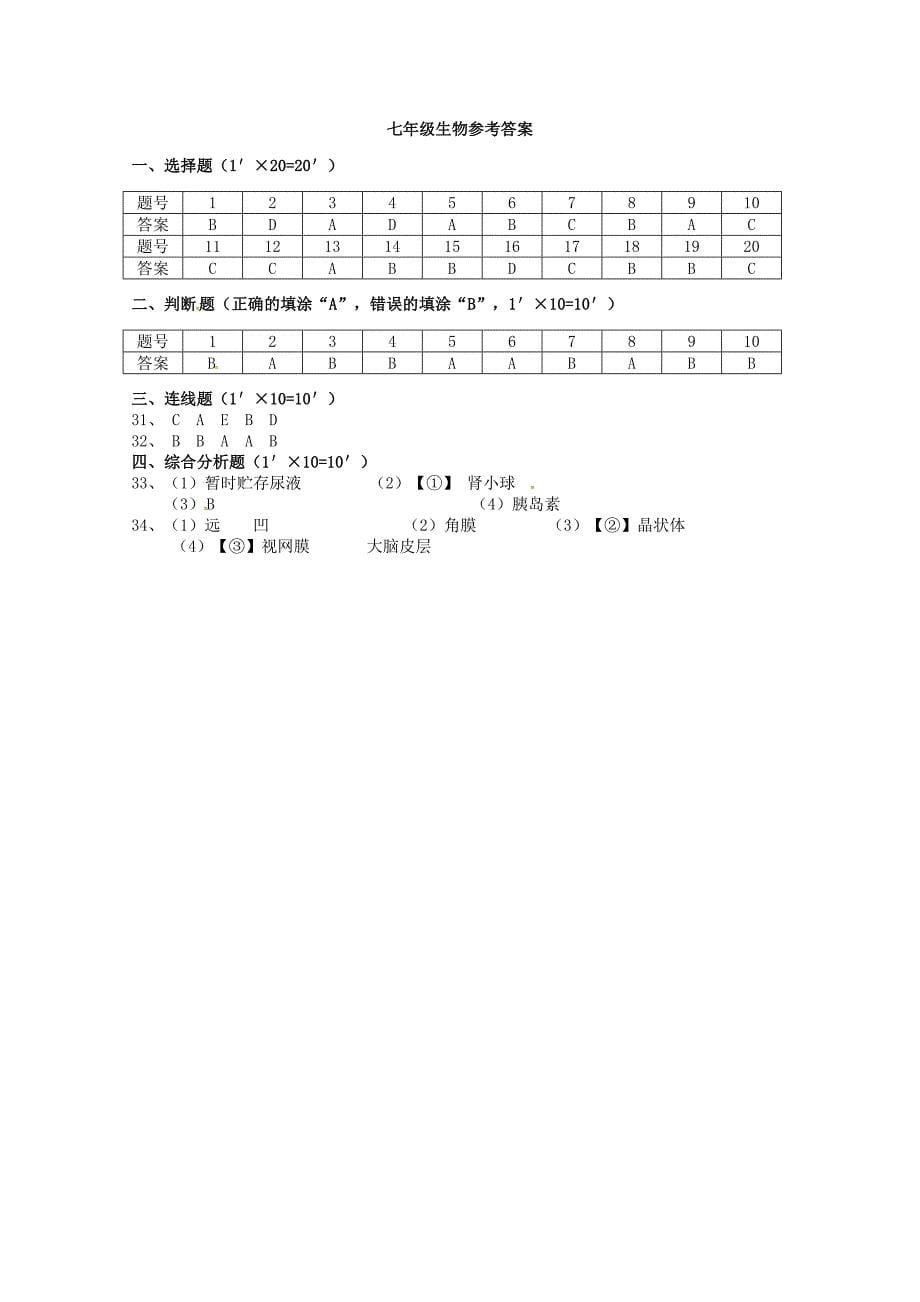 江苏省阜宁县2014-2015学年七年级生物下学期期末质量检测试题 苏教版_第5页