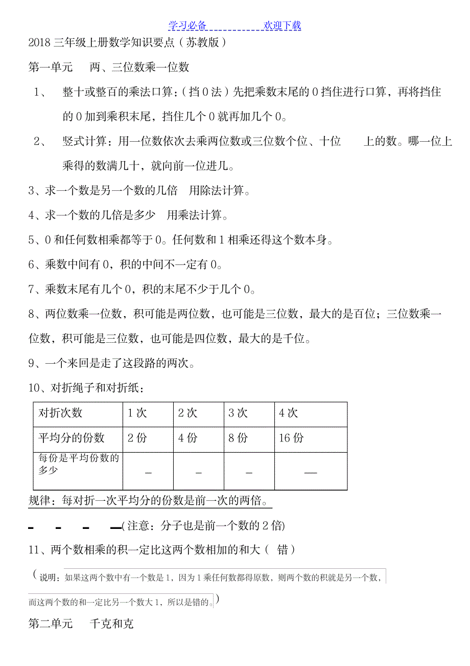 三年级数学上册知识要点(苏教版)_小学教育-小学考试_第1页