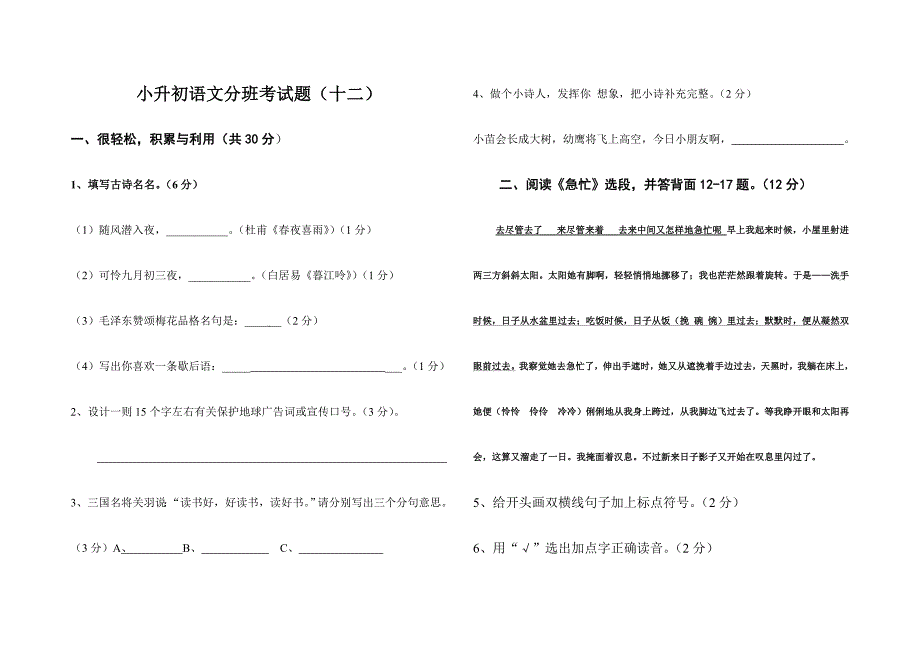 2024年小升初语文分班考试题非苏教版_第1页