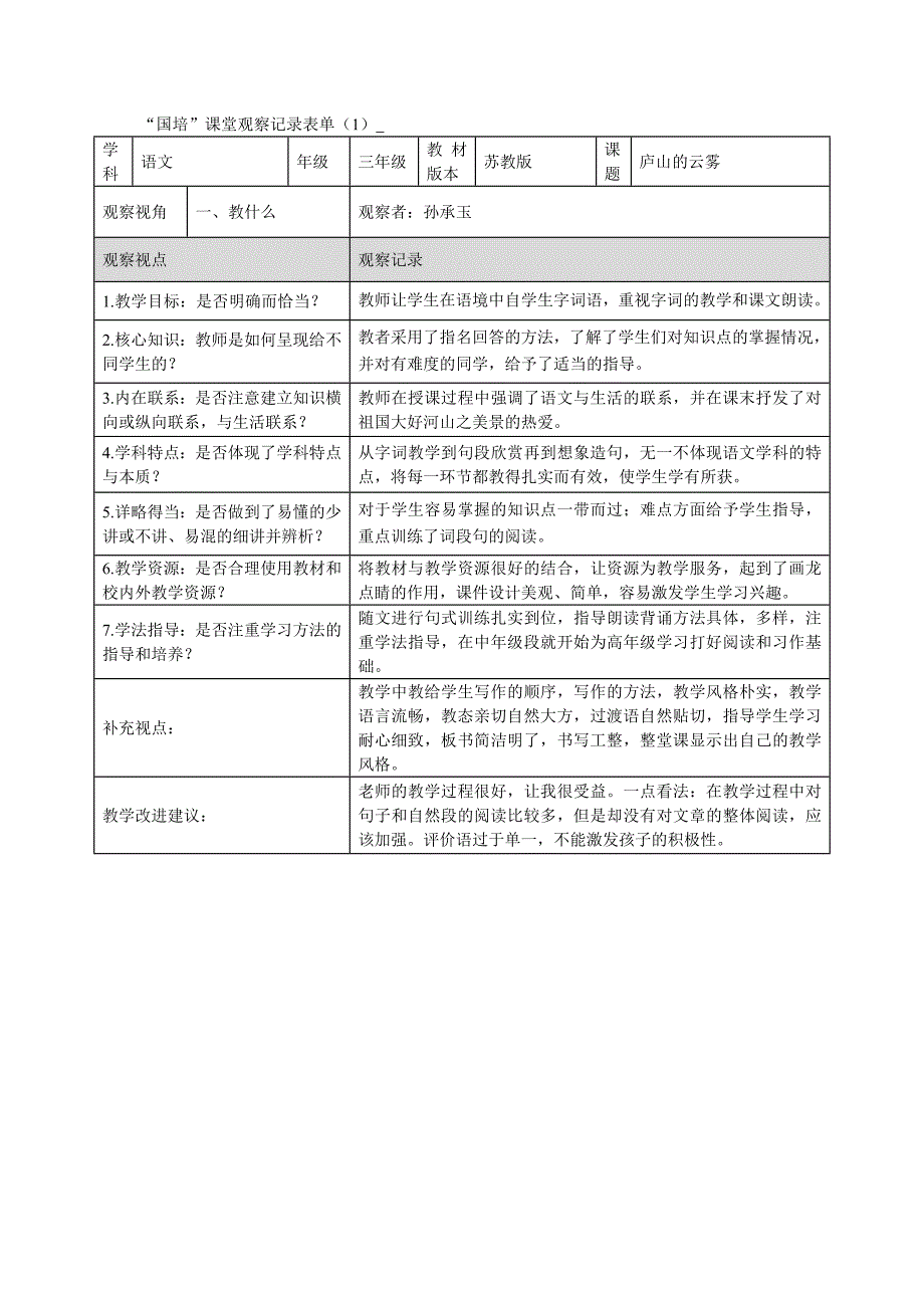 线上课例观察表孙承玉_第1页