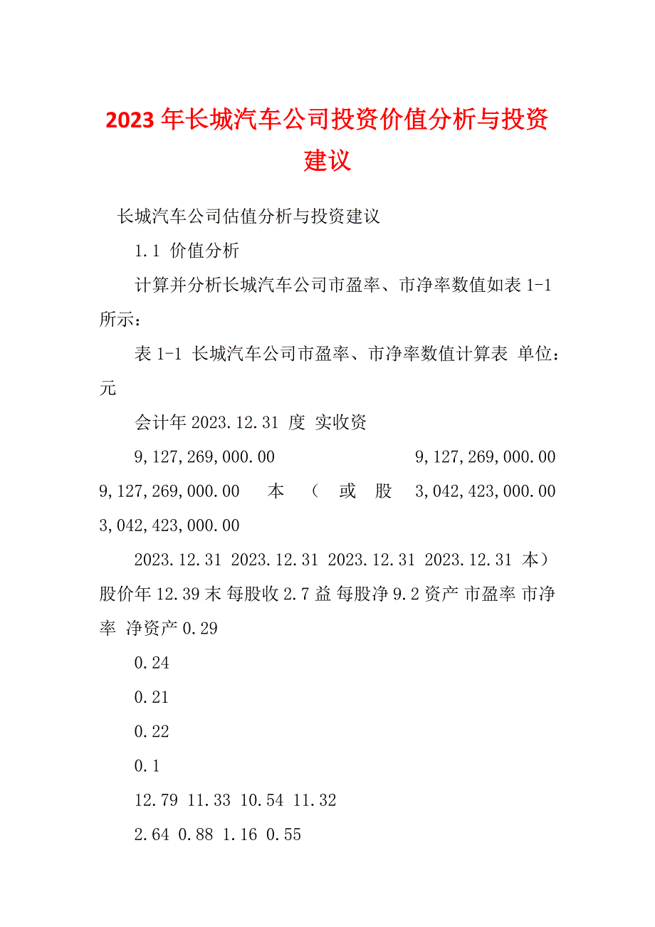 2023年长城汽车公司投资价值分析与投资建议_第1页