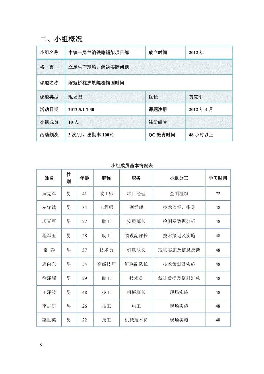 QC成果报告-缩短桥枕护轨螺栓锚固时间（中铁一局兰渝铁路铺架项目部QC小组）_第5页