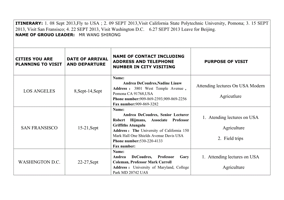 ITINERARY 1 08 Sept ,Fly to USA ; 2 09 SEPT ,_第1页