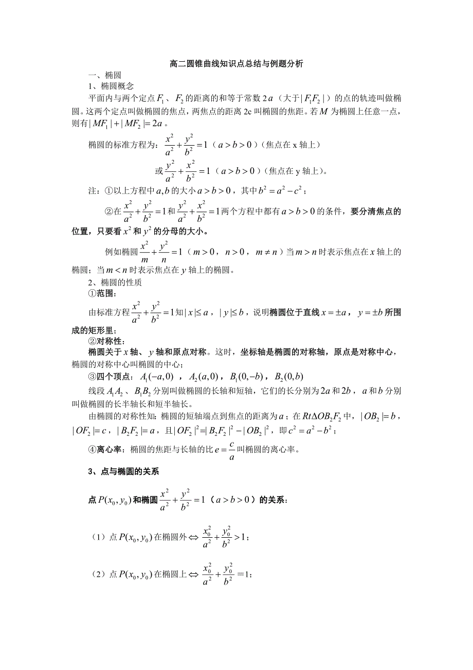 高二圆锥曲线知识点总结与例题_第1页