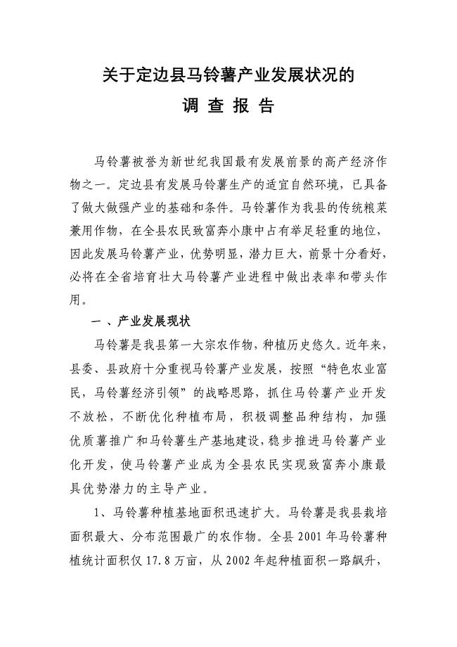 定边县马铃薯产业发展状况的调查报告