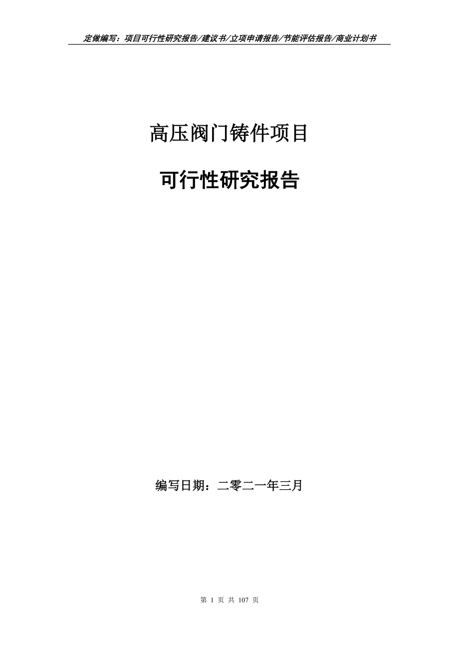 高压阀门铸件项目可行性研究报告写作范本_第1页