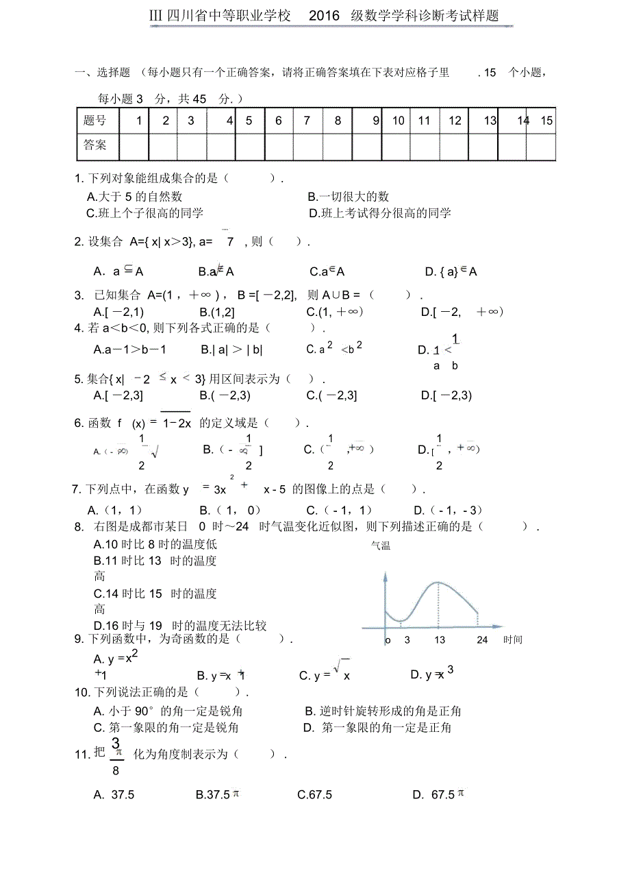 中职数学统考样题_第1页