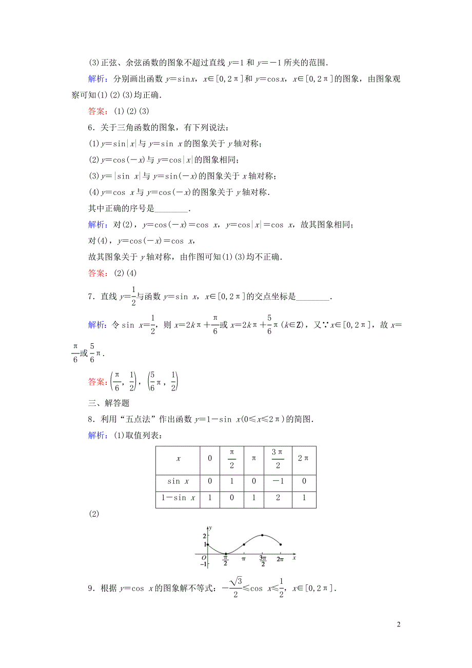 2019-2020学年新教材高中数学 第五章 三角函数 5.4.1 正弦函数、余弦函数的图象课时作业（含解析）新人教A版必修第一册_第2页