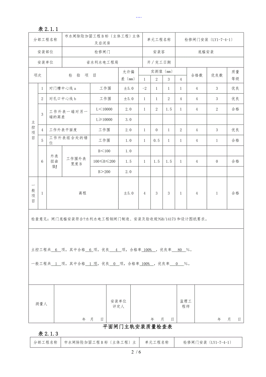 平面闸门埋件安装质量验收评定表_第2页