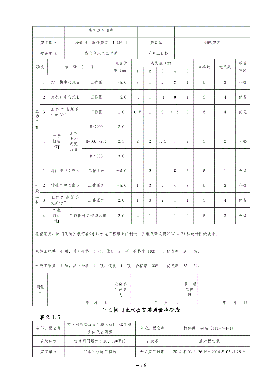 平面闸门埋件安装质量验收评定表_第4页