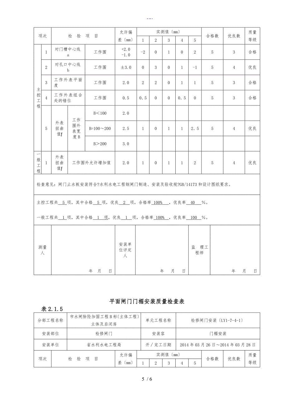 平面闸门埋件安装质量验收评定表_第5页