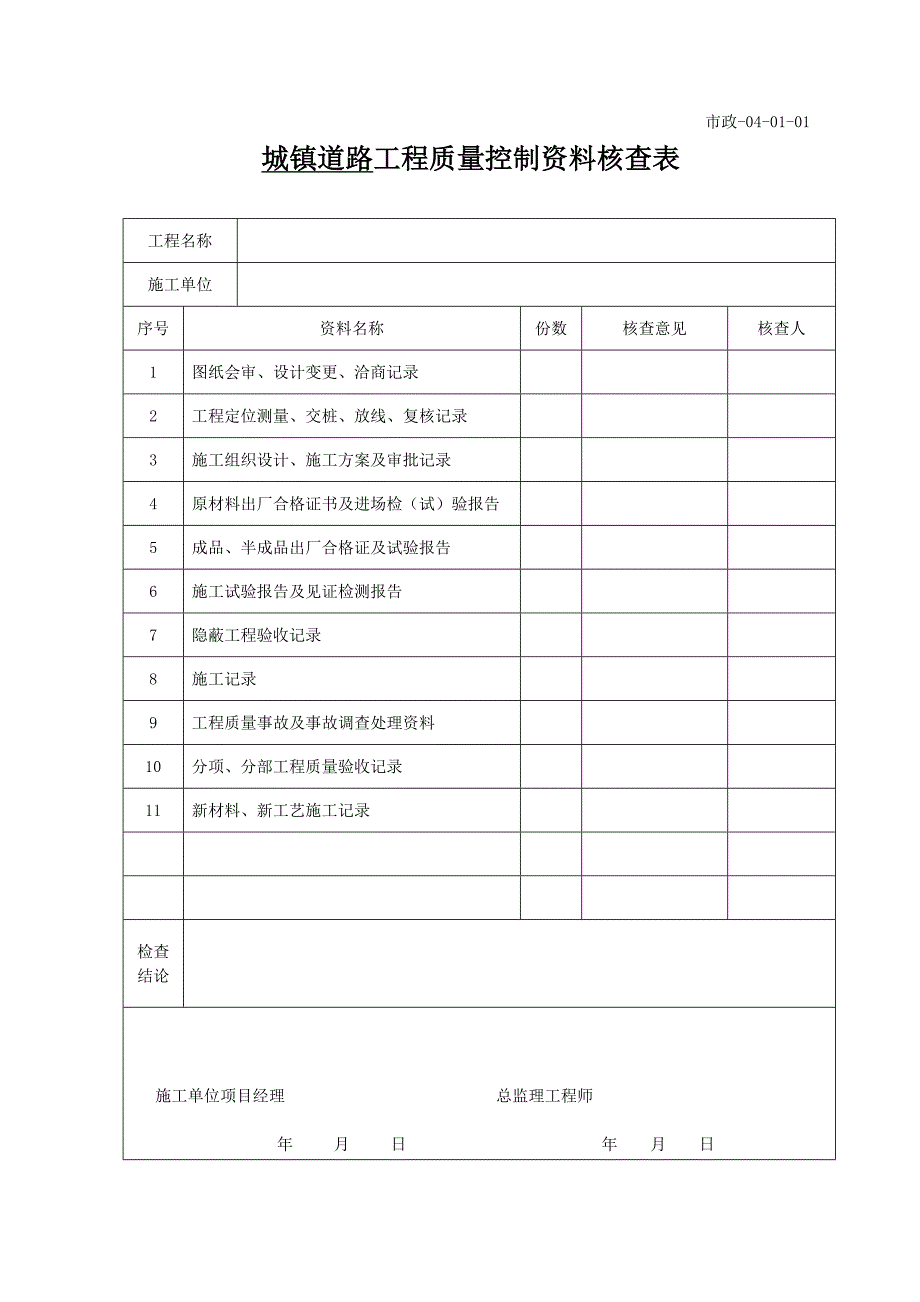 市政工程质量控制资料核查表[共7页]_第1页