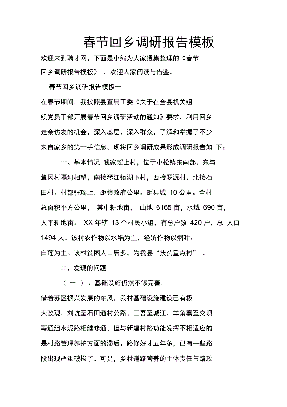 春节回乡调研报告模板_第1页