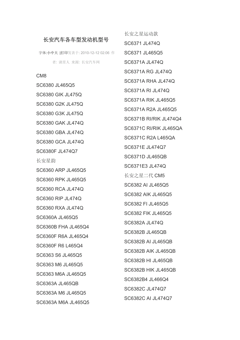 长安汽车各车型发动机型号_第1页