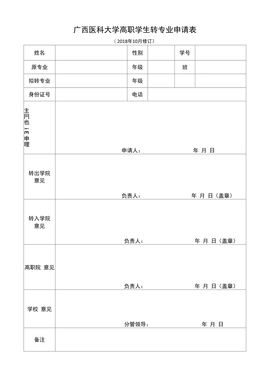 广西医科大学高职学生转专业申请表_第1页