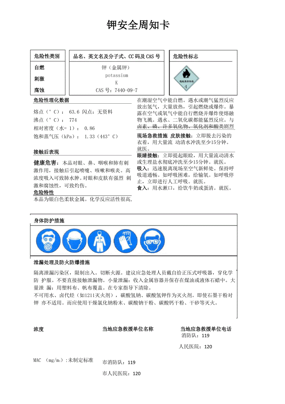 钾安全周知卡、职业危害告知卡、理化特性表_第1页