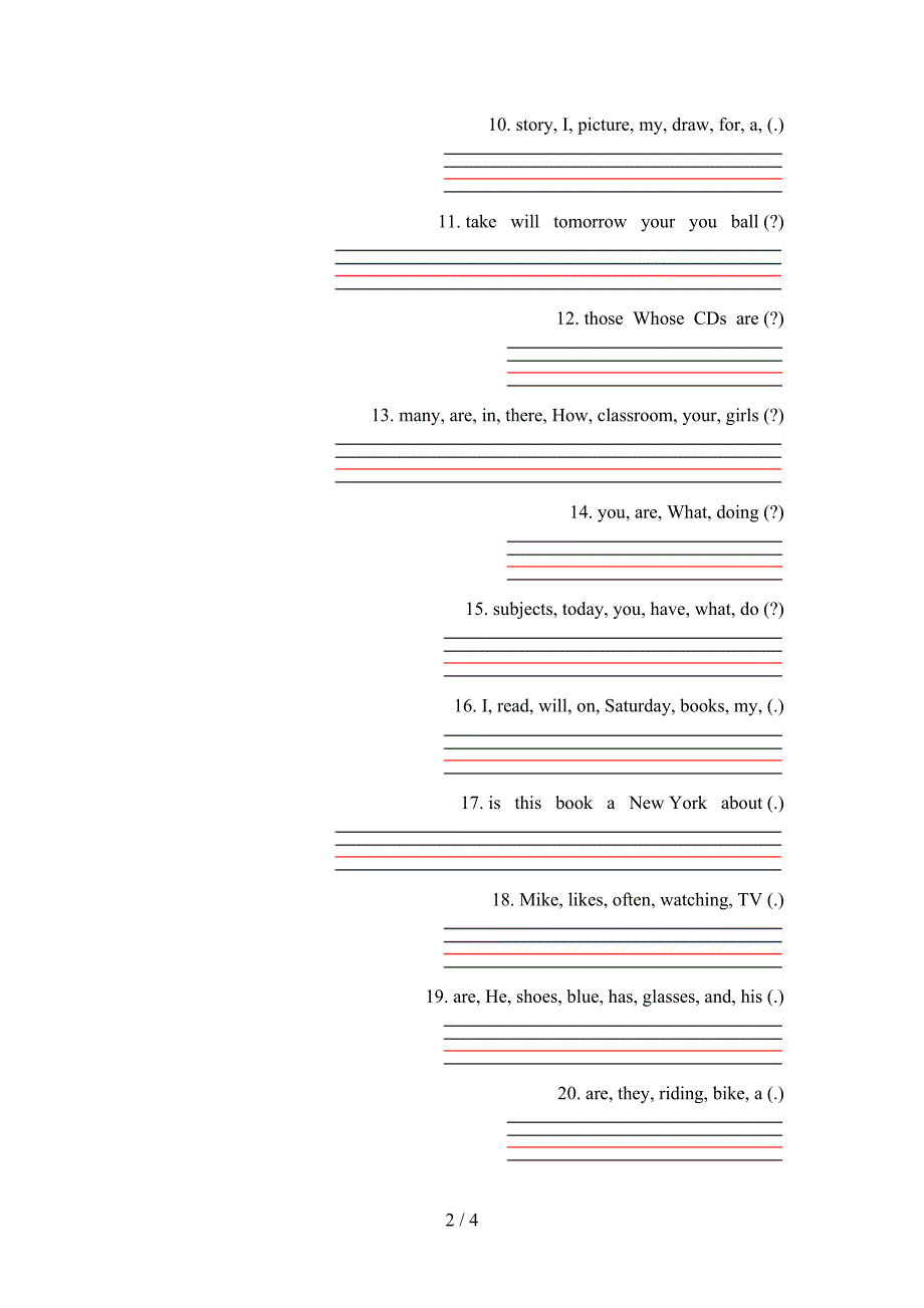 北师大四年级英语下学期连词成句真题_第2页