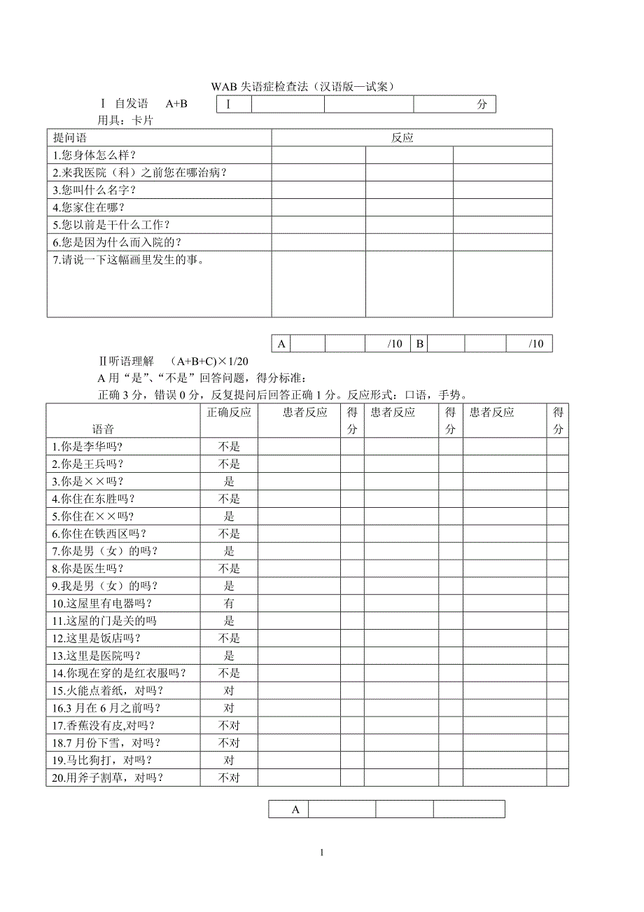WAB失语症检查法(精品)_第1页