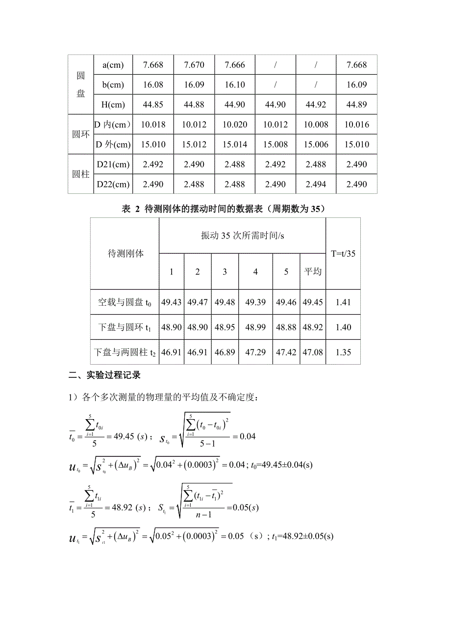 三线摆测量物体的转动惯量实验过程分析和实验数据处理.doc_第2页