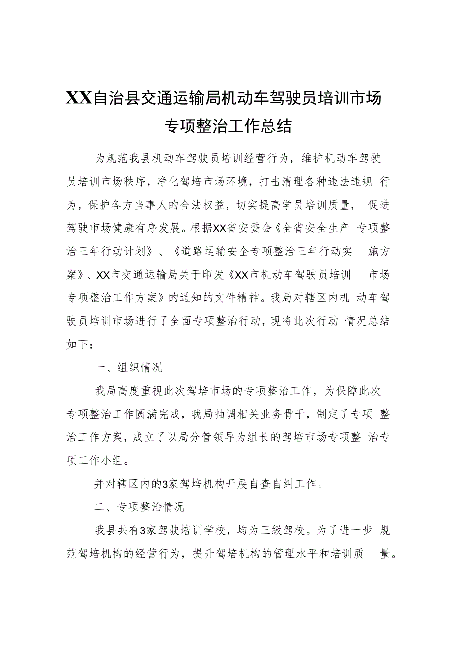 XX自治县交通运输局机动车驾驶员培训市场专项整治工作总结_第1页