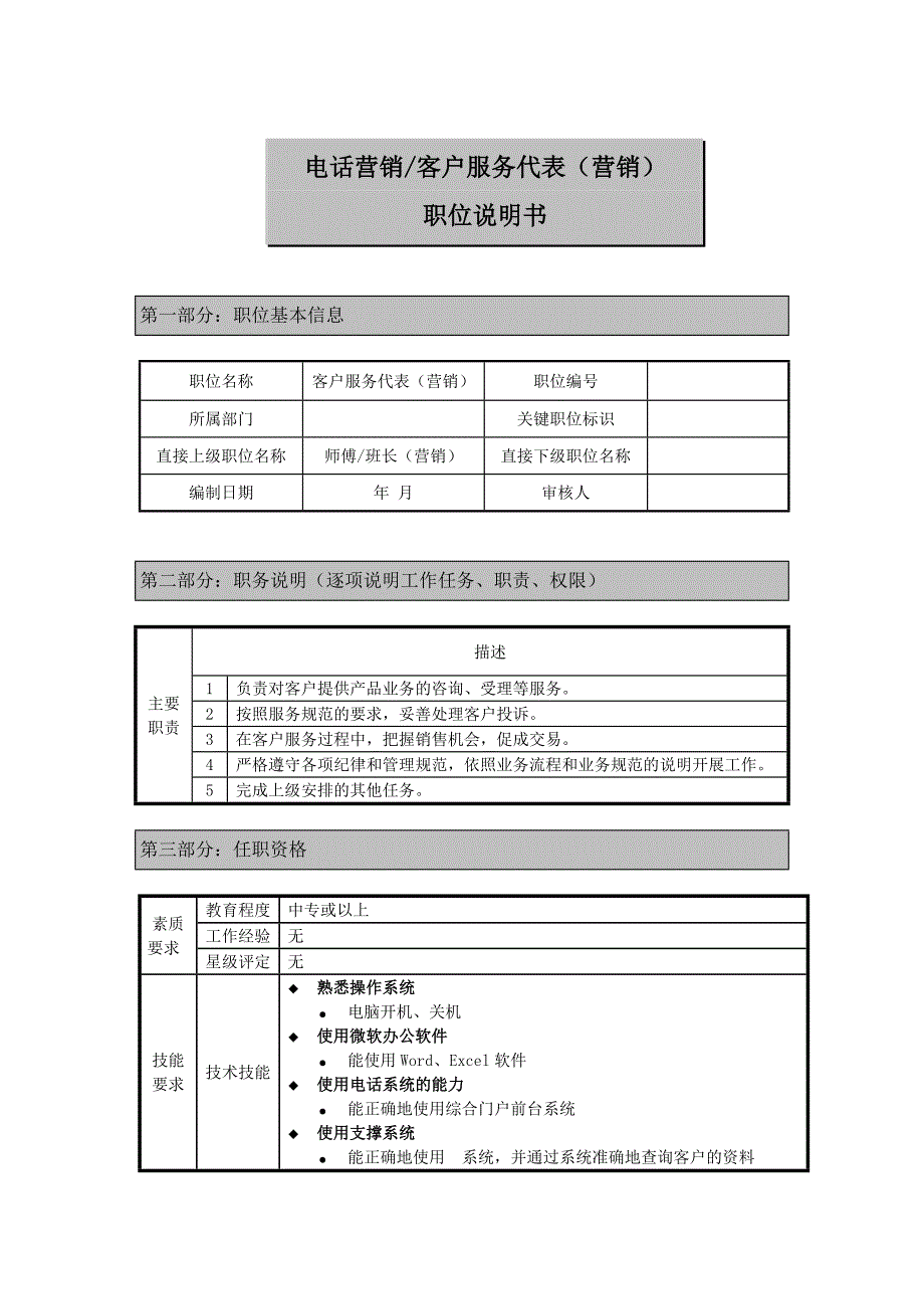 电话营销客服代表职位说明书（天选打工人）.docx_第1页